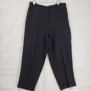 Talbots Pants Womens 16 Black Irish Linen Pleated Cuffed Trousers Lined Classic